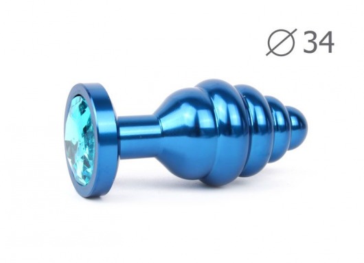 Коническая ребристая синяя анальная втулка с голубым кристаллом - 8 см. - Anal Jewelry Plug - купить с доставкой в Новосибирске