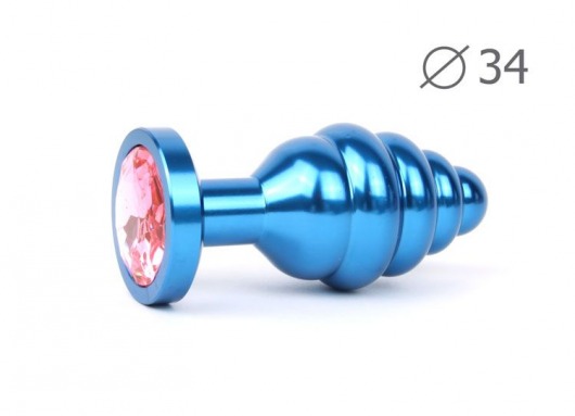 Коническая ребристая синяя анальная втулка с розовым кристаллом - 8 см. - Anal Jewelry Plug - купить с доставкой в Новосибирске