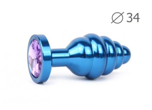 Коническая ребристая синяя анальная втулка с сиреневым кристаллом - 8 см. - Anal Jewelry Plug - купить с доставкой в Новосибирске