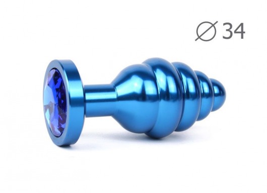 Коническая ребристая синяя анальная втулка с синим кристаллом - 8 см. - Anal Jewelry Plug - купить с доставкой в Новосибирске