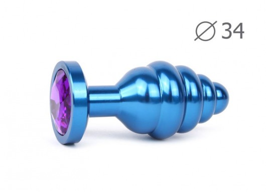 Коническая ребристая синяя анальная втулка с кристаллом фиолетового цвета - 8 см. - Anal Jewelry Plug - купить с доставкой в Новосибирске