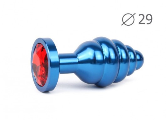 Коническая ребристая синяя анальная втулка с красным кристаллом - 7,1 см. - Anal Jewelry Plug - купить с доставкой в Новосибирске