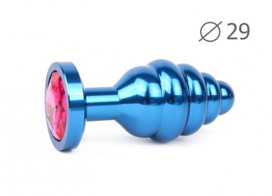 Коническая ребристая синяя анальная втулка с малиновым кристаллом - 7,1 см. - Anal Jewelry Plug - купить с доставкой в Новосибирске