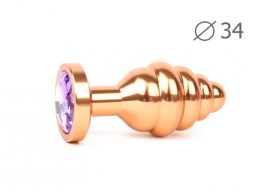 Коническая ребристая золотистая анальная втулка с сиреневым кристаллом - 8 см. - Anal Jewelry Plug - купить с доставкой в Новосибирске
