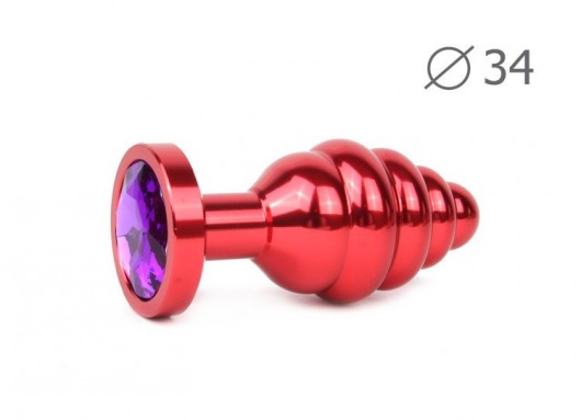 Коническая ребристая красная анальная втулка с кристаллом фиолетового цвета - 8 см. - Anal Jewelry Plug - купить с доставкой в Новосибирске
