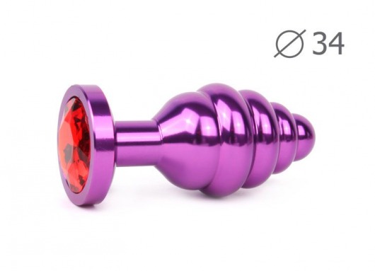 Коническая ребристая фиолетовая анальная втулка с красным кристаллом - 8 см. - Anal Jewelry Plug - купить с доставкой в Новосибирске