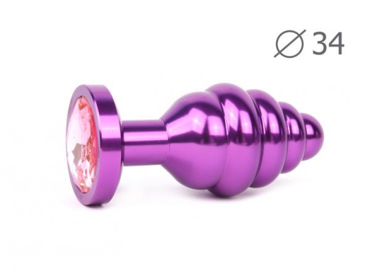 Коническая ребристая фиолетовая анальная втулка с розовым кристаллом - 8 см. - Anal Jewelry Plug - купить с доставкой в Новосибирске