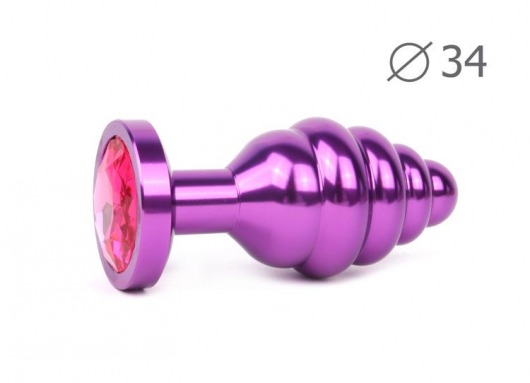 Коническая ребристая фиолетовая анальная втулка с малиновым кристаллом - 8 см. - Anal Jewelry Plug