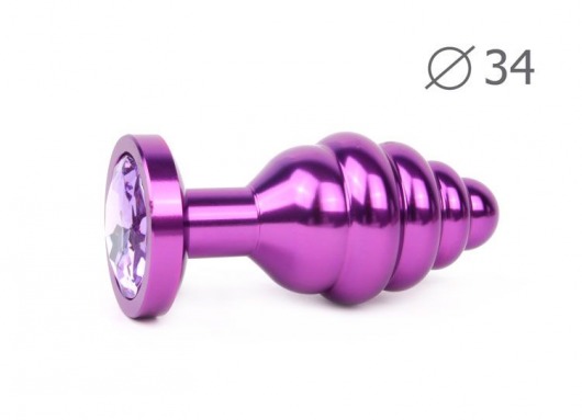 Коническая ребристая фиолетовая анальная втулка с сиреневым кристаллом - 8 см. - Anal Jewelry Plug - купить с доставкой в Новосибирске