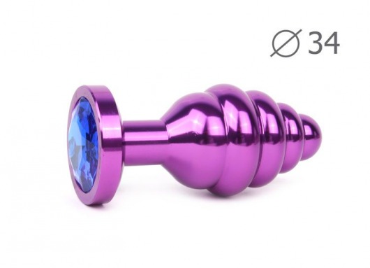 Коническая ребристая фиолетовая анальная втулка с синим кристаллом - 8 см. - Anal Jewelry Plug - купить с доставкой в Новосибирске
