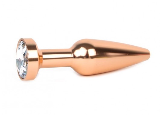 Удлиненная коническая гладкая золотистая анальная втулка с прозрачным кристаллом - 11,3 см. - Anal Jewelry Plug - купить с доставкой в Новосибирске