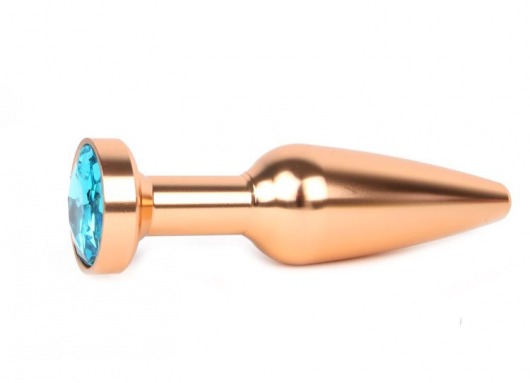 Удлиненная коническая гладкая золотистая анальная втулка с голубым кристаллом - 11,3 см. - Anal Jewelry Plug - купить с доставкой в Новосибирске