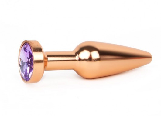 Удлиненная коническая гладкая золотистая анальная втулка с сиреневым кристаллом - 11,3 см. - Anal Jewelry Plug - купить с доставкой в Новосибирске