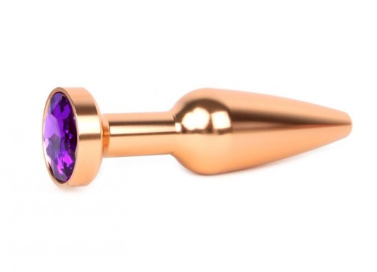 Удлиненная коническая гладкая золотистая анальная втулка с кристаллом фиолетового цвета - 11,3 см. - Anal Jewelry Plug - купить с доставкой в Новосибирске