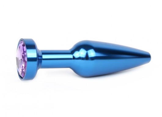 Удлиненная коническая гладкая синяя анальная втулка с сиреневым кристаллом - 11,3 см. - Anal Jewelry Plug - купить с доставкой в Новосибирске