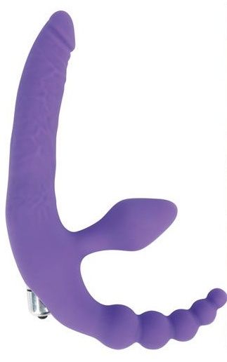 Фиолетовый безремневой страпон с анальным отростком и вибрацией - 15 см. - Bior toys - купить с доставкой в Новосибирске