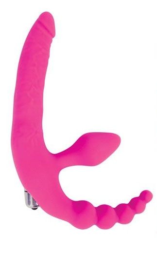 Розовый безремневой страпон с анальным отростком и вибрацией - 15 см. - Bior toys - купить с доставкой в Новосибирске