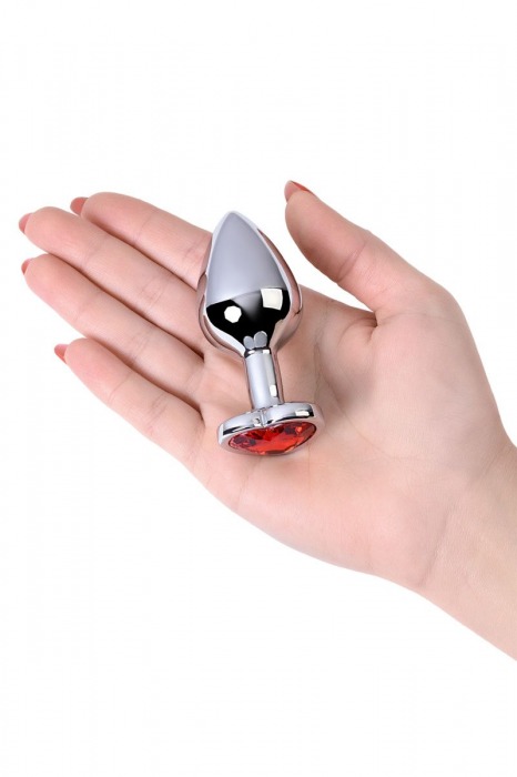 Серебристая коническая анальная пробка с красным кристаллом-сердечком - 7 см. - ToyFa - купить с доставкой в Новосибирске