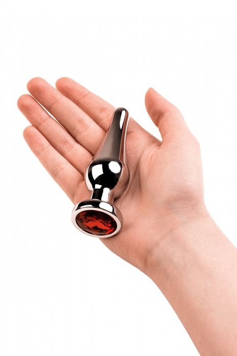 Серебристая удлиненная коническая анальная пробка с красным кристаллом - 10 см. - ToyFa - купить с доставкой в Новосибирске