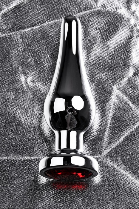 Серебристая удлиненная коническая анальная пробка с красным кристаллом - 10 см. - ToyFa - купить с доставкой в Новосибирске