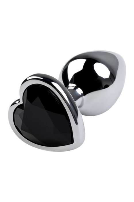 Серебристая коническая анальная пробка с черным кристаллом-сердечком - 7 см. - ToyFa - купить с доставкой в Новосибирске