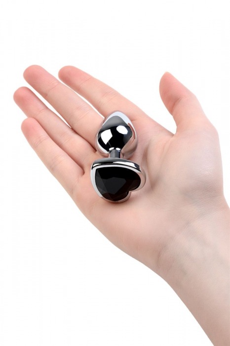 Серебристая коническая анальная пробка с черным кристаллом-сердечком - 7 см. - ToyFa - купить с доставкой в Новосибирске