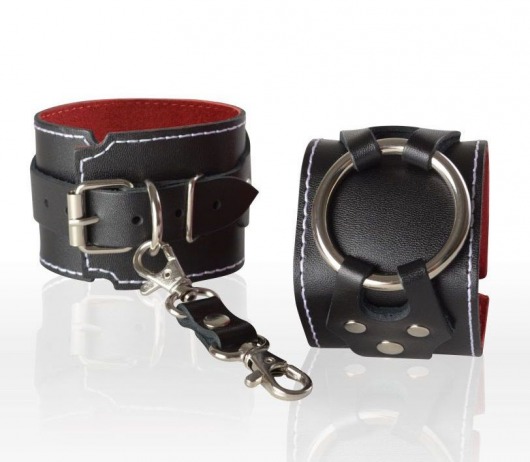 Чёрные кожаные наручники-напульсники с красной изнанкой - Sitabella - купить с доставкой в Новосибирске