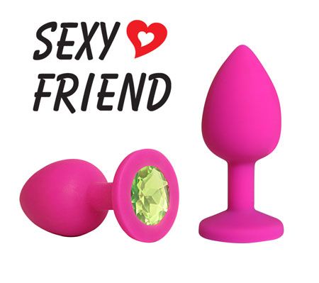 Розовая конусовидная анальная пробка с салатовым кристаллом - 7,3 см. - Bior toys - купить с доставкой в Новосибирске