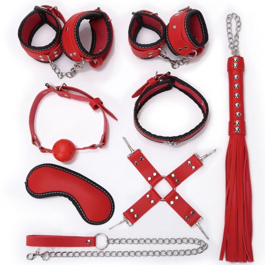 Пикантный красно-черный набор БДСМ: маска, ошейник, кляп, фиксатор, наручники, оковы, плеть - Bior toys - купить с доставкой в Новосибирске