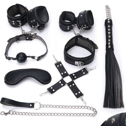 Пикантный черный набор БДСМ: маска, ошейник, кляп, фиксатор, наручники, оковы, плеть - Bior toys - купить с доставкой в Новосибирске