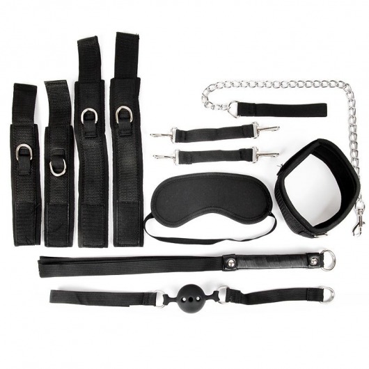 Черный текстильный набор БДСМ: наручники, оковы, ошейник с поводком, кляп, маска, плеть - Bior toys - купить с доставкой в Новосибирске