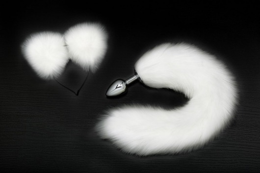 Серебристая анальная пробка с белым хвостиком и ободком-ушками - Пикантные штучки - купить с доставкой в Новосибирске