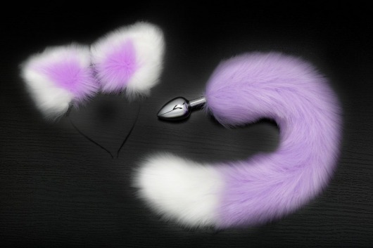 Серебристая анальная пробка с фиолетово-белым хвостиком и ободком-ушками - Пикантные штучки - купить с доставкой в Новосибирске