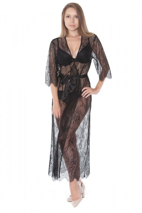 Длинный полупрозрачный кружевной халатик с пояском - Mia-Mia купить с доставкой
