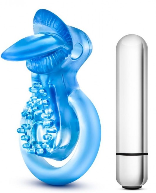 Голубое эрекционное виброкольцо 10 Function Vibrating Tongue Ring - Blush Novelties - в Новосибирске купить с доставкой