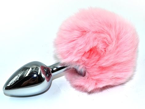 Серебристая округлая анальная пробка с заячьим хвостиком розового цвета - 11,5 см. - Kanikule - купить с доставкой в Новосибирске