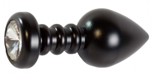 Черная рельефная анальная пробка с прозрачным стразом - 9 см. - Vandersex - купить с доставкой в Новосибирске