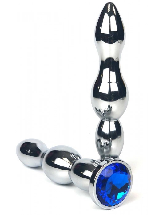 Серебристая коническая анальная пробка-ёлочка с синим кристаллом - 13 см. - Vandersex - купить с доставкой в Новосибирске