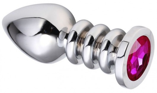 Серебристая анальная пробка на рельефной ножке с фиолетовым кристаллом - 9 см. - Vandersex - купить с доставкой в Новосибирске