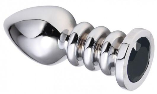 Серебристая анальная пробка на рельефной ножке с черным кристаллом - 9 см. - Vandersex - купить с доставкой в Новосибирске