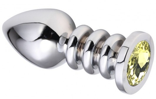 Серебристая анальная пробка на рельефной ножке с желтым кристаллом - 9 см. - Vandersex - купить с доставкой в Новосибирске