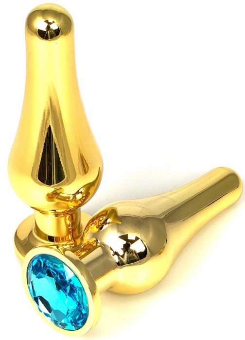 Золотистая удлиненная анальная пробка с голубым кристаллом - 10 см. - Vandersex - купить с доставкой в Новосибирске