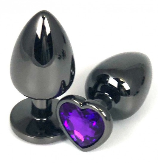 Черная металлическая анальная пробка с фиолетовым стразом-сердечком - 9 см. - Vandersex - купить с доставкой в Новосибирске