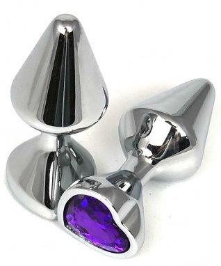 Серебристая анальная пробка с фиолетовым кристаллом-сердцем - 8 см. - Vandersex - купить с доставкой в Новосибирске
