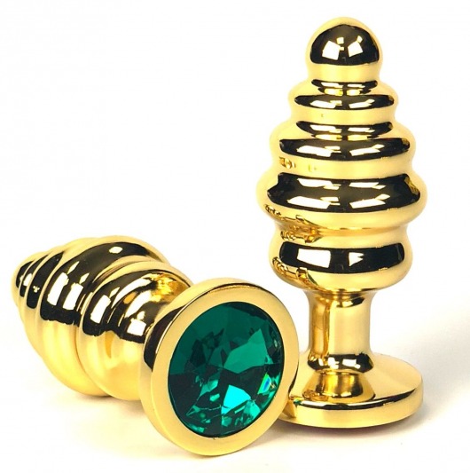 Золотистая ребристая анальная пробка с зеленым кристаллом - 6 см. - Vandersex - купить с доставкой в Новосибирске