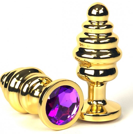Золотистая ребристая анальная пробка с фиолетовым кристаллом - 8,5 см. - Vandersex - купить с доставкой в Новосибирске