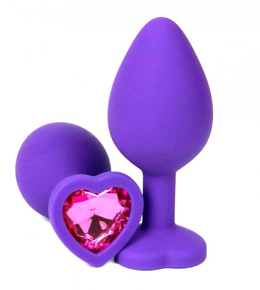 Фиолетовая силиконовая анальная пробка с розовым стразом-сердцем - 7 см. - Vandersex - купить с доставкой в Новосибирске