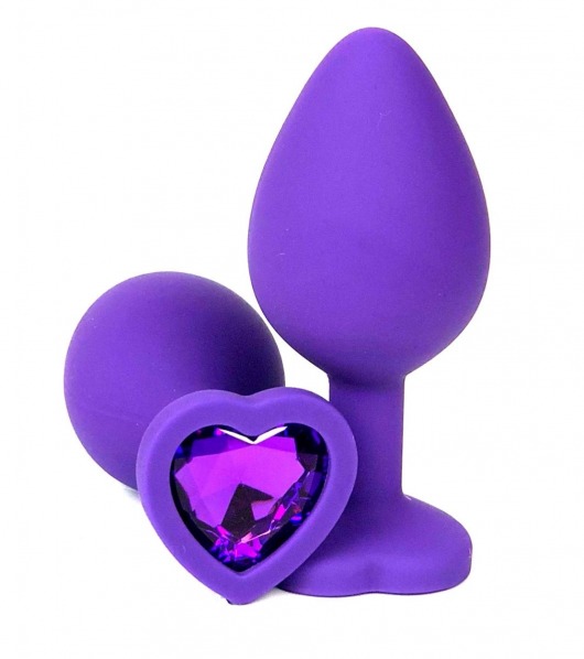 Фиолетовая силиконовая анальная пробка с фиолетовым стразом-сердцем - 8 см. - Vandersex - купить с доставкой в Новосибирске