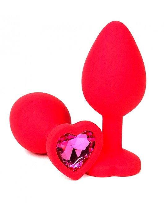 Красная силиконовая анальная пробка с розовым стразом-сердцем - 8 см. - Vandersex - купить с доставкой в Новосибирске