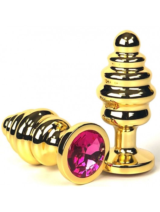 Золотистая ребристая анальная пробка с розовым кристаллом - 7 см. - Vandersex - купить с доставкой в Новосибирске